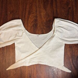 Zara White Puff Sleeve Crop Tie Blouse